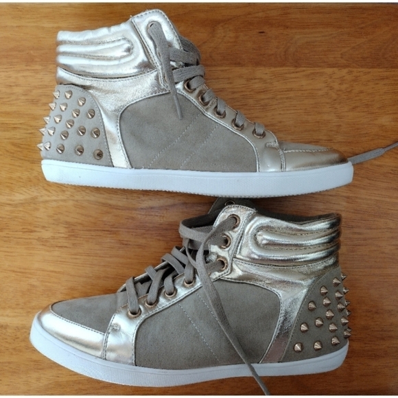 Soda Shoes - SODA gold and tan studded high top lace up sneakers